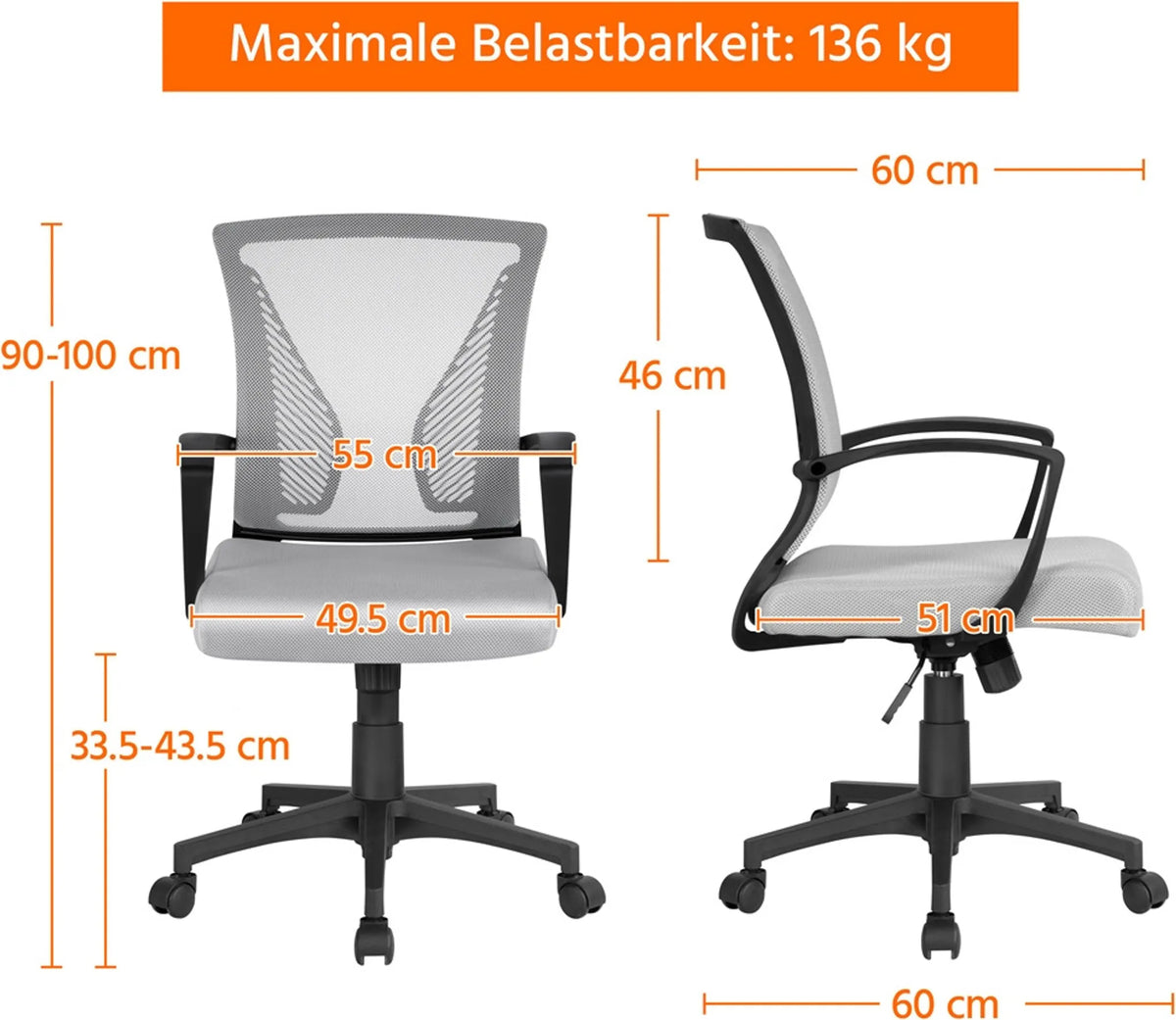 Chaise de bureau ergonomique Yaheetech - avec tissu en maille respirant, fonction oscillante et hauteur d'assise réglable - pour le bureau et l'étude - Nylon gris et métal - 60 x 60 x 91-100,5 cm