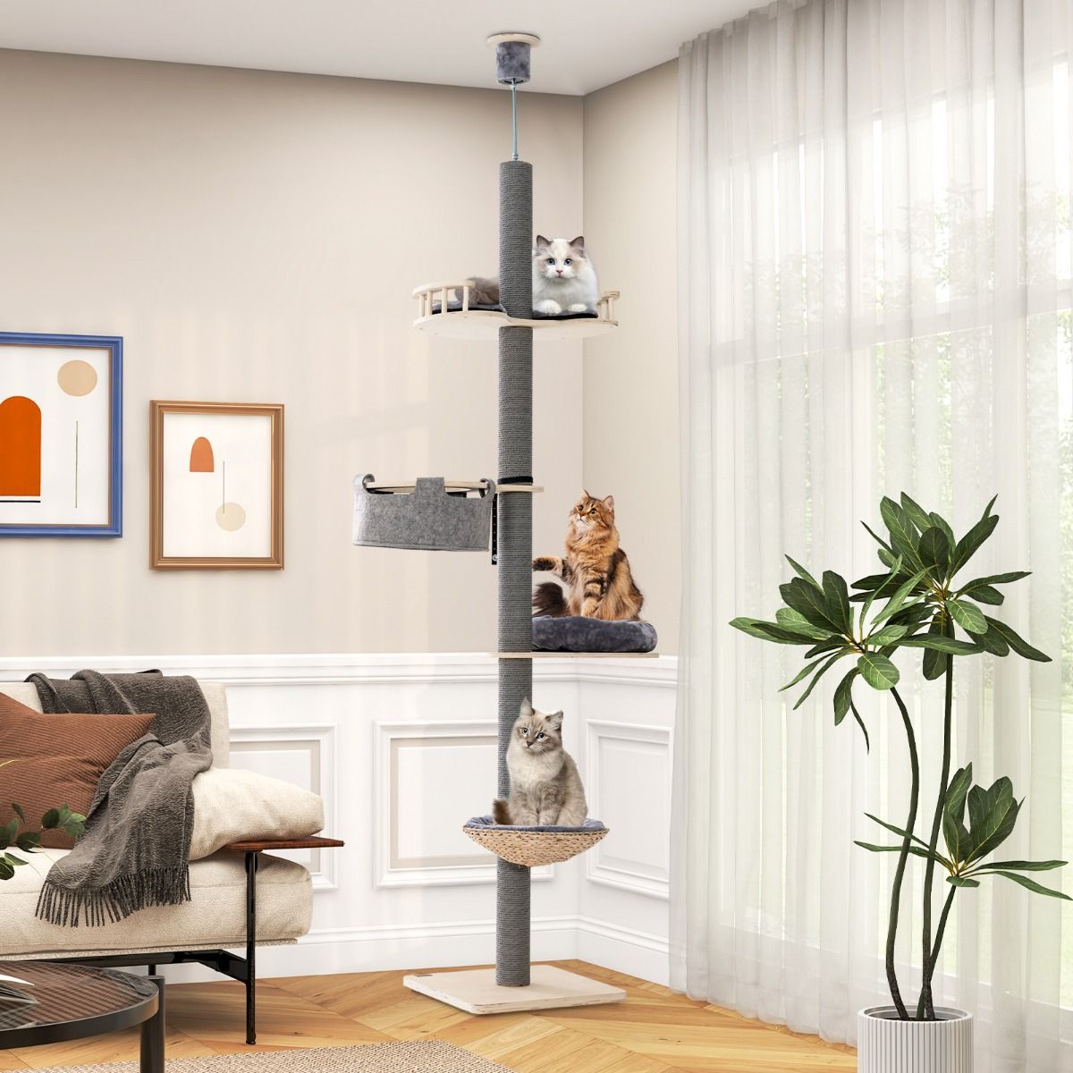 Arbre à chat Coast, du sol au plafond - hauteur réglable - 5 niveaux - gris et naturel