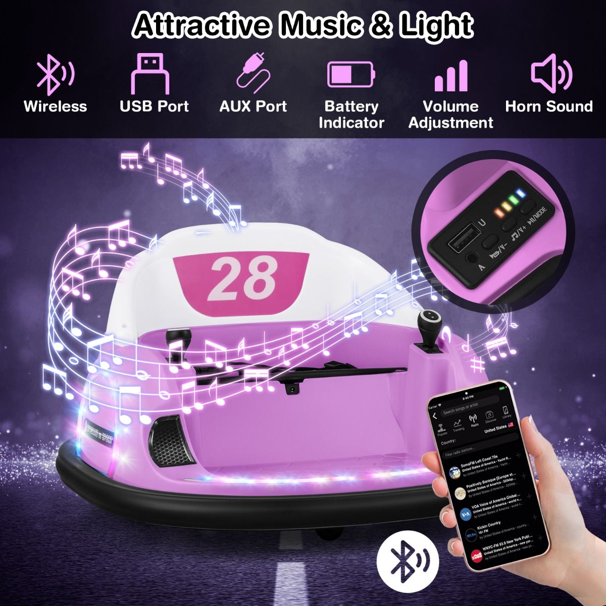 Voiture électrique « Coast » pour tout-petits - pivotante à 360° - avec télécommande - rose