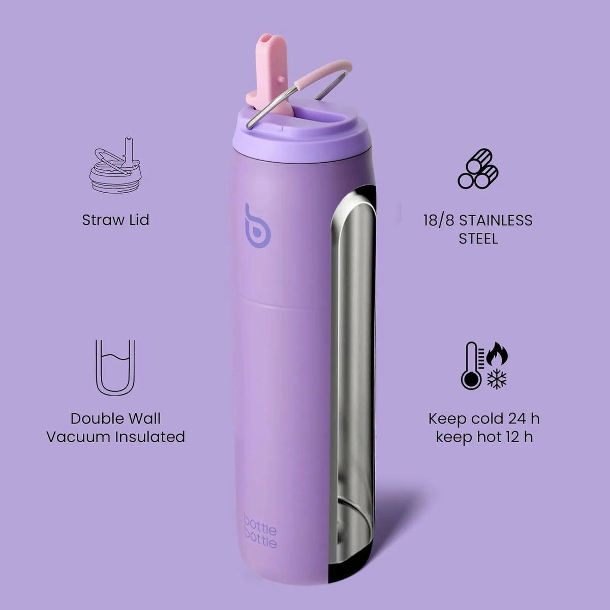 Bottle Bottle : bouteille isotherme avec bouchon à paille - Violet - 946 ml - 9,1 x 29 cm