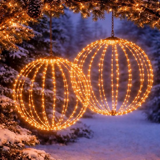 Globe lumineux - D50 cm - 320 LED - blanc chaud - avec minuterie - cadre noir - éclairage