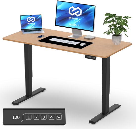 Bureau assis-debout Infinity Goods à réglage électrique - 140 x 60 cm - Fonction mémoire - Couleur bois