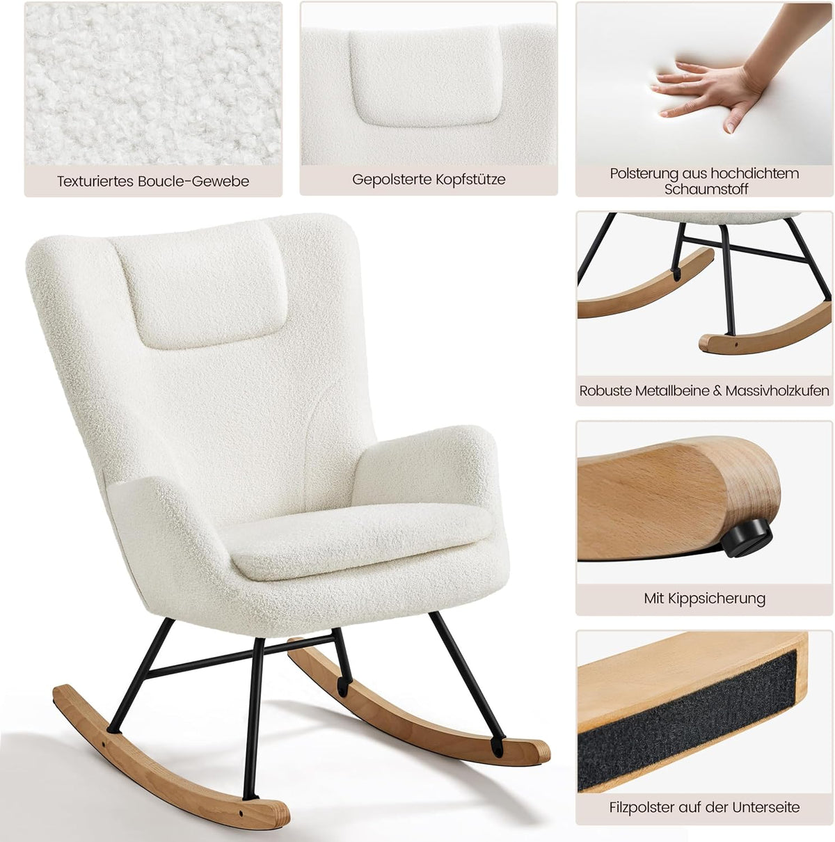 Fauteuil à bascule Yaheetech Boucle blanc avec dossier rabattable - 82,5 x 70 x 95,5 cm