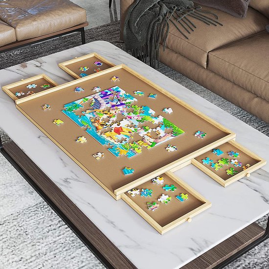 Diydash - Plateau de puzzle et table de puzzle - 1000 pièces - 83 x 64 cm - avec 4 tiroirs de tri et système de rangement - Plateau de puzzle - Bois - Marron