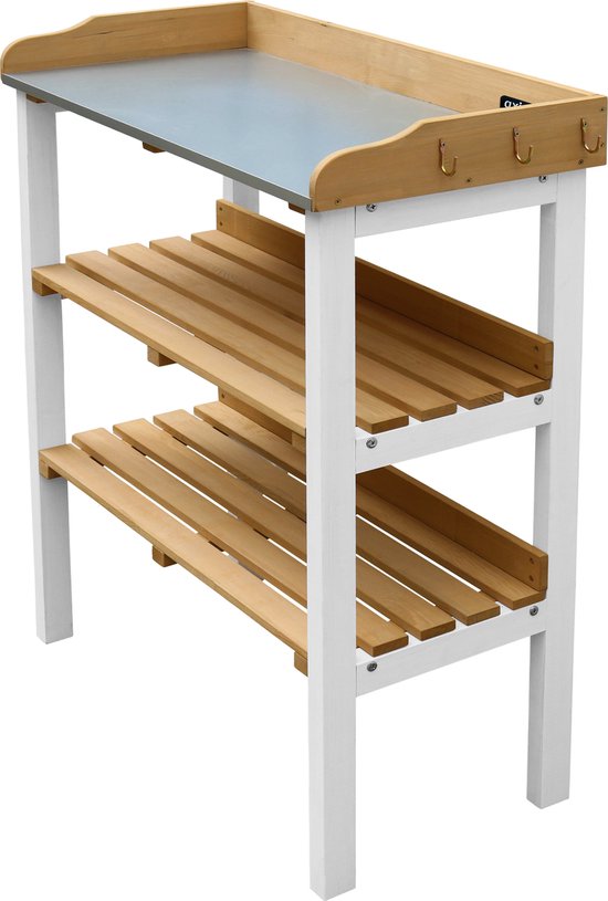 Table de jardin AXI avec étagères de rangement, marron/blanc - Table de jardin pratique avec plan de travail en zinc