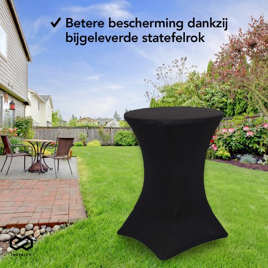 Infinity Goods 4x Stevige Statafel + 4x Zwarte Statafelrok - Partytafel - Robuust en Weersbestendig - Inklapbaar - 80cm x 110cm - Feest - Wit/Grijs