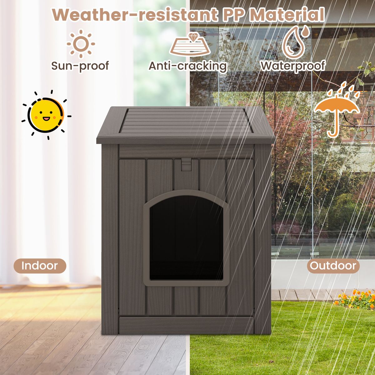 Maison pour chat Coast pour l'intérieur et l'extérieur - Meuble-litière dissimulé - Porte battante à l'avant - Noir et marron clair