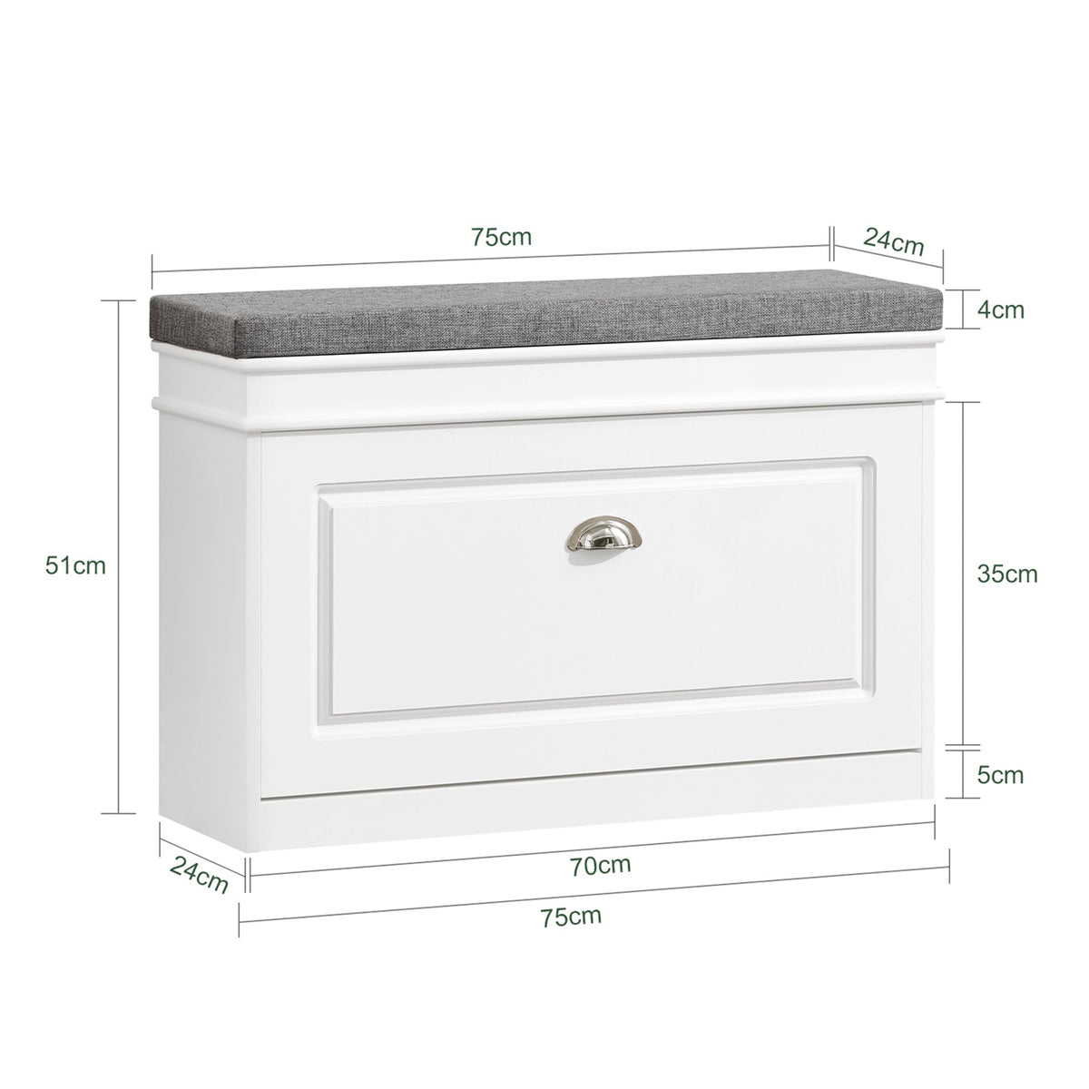 SoBuy Banc à chaussures avec rangement et coussin d'assise - blanc - 75 x 24 x 51 cm - Meuble d'entrée compact avec rabat
