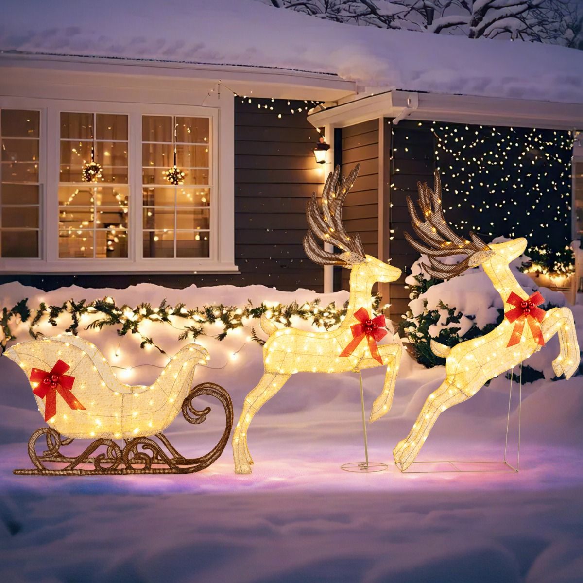 Ensemble Coast de 3 pièces avec renne et traîneau à LED - 280 lumières blanc chaud - multicolore
