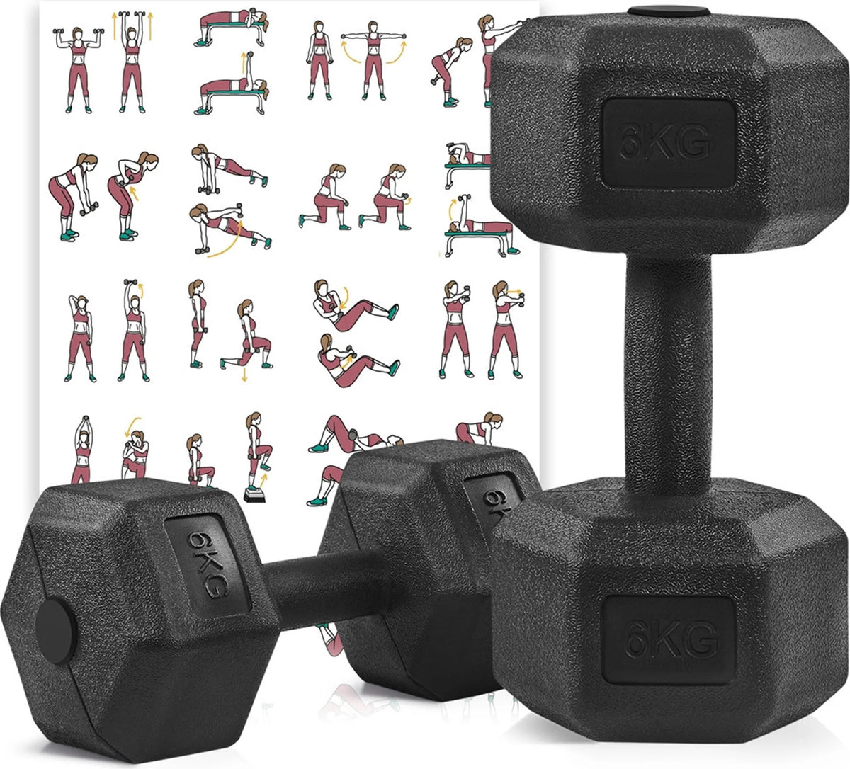 Yaheetech Dumbbell Set 2 Pieces - 12 kg - Conception hexagonale antiroulis, revêtement en plastique protégeant le sol et poignée ergonomique - Pour la musculation et le cardio - Béton noir et métal - 31 x 15.5 x 14 cm