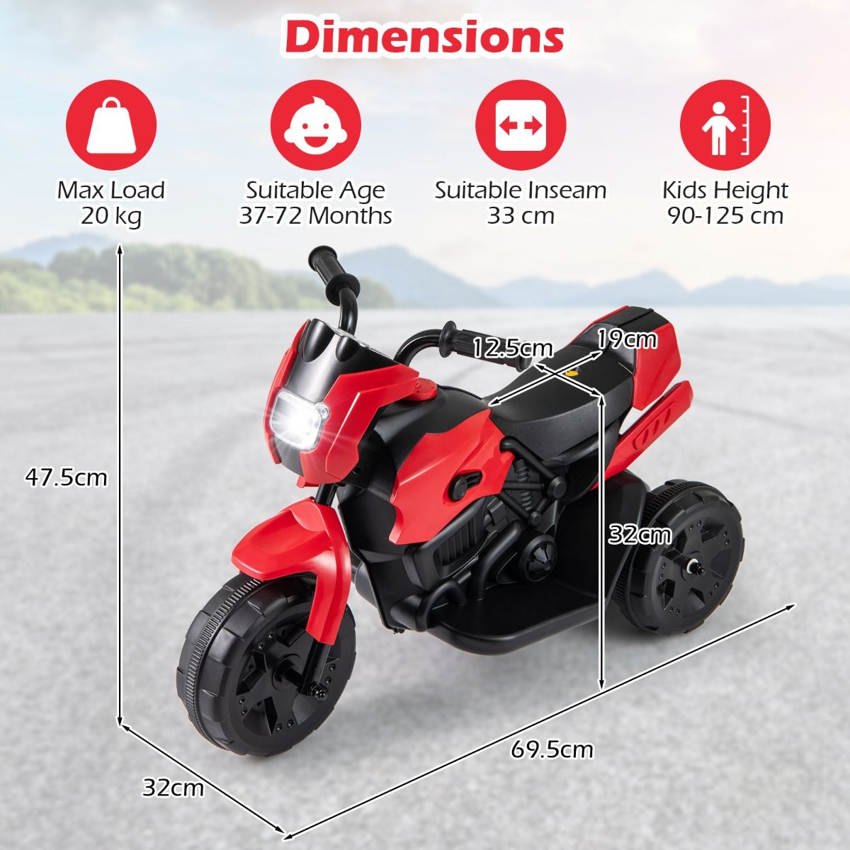 Vélo électrique pour enfants Coast - modèle à trois roues - avec phare à LED - rouge