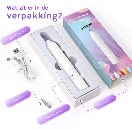 Rubye® - Stylo de peinture électrique pour diamants - Avec technologie d'aspiration - Rechargeable via USB-C - Confortable à utiliser - Pour pierres rondes et carrées - Blanc