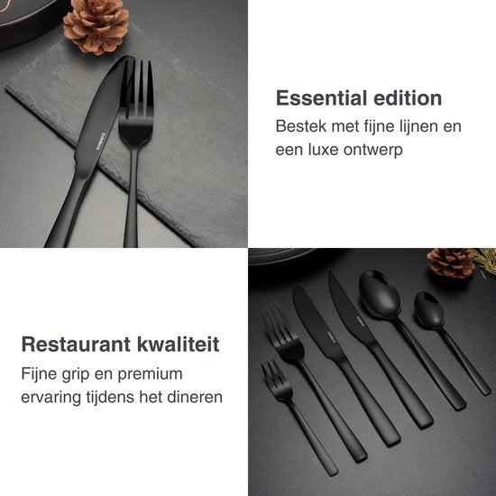 Deleca 8 Person Cutlery Set Essential (48 pieces) - Spoons, Knives, Forks, Steak Knives & Pastry Forks - Dishher Safe Cutlery - Shiny Black / Stainless Steel
