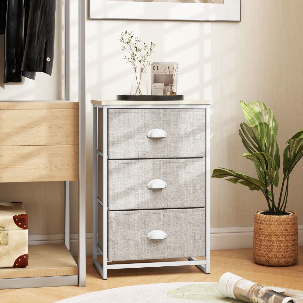 Commode Coast à 3 tiroirs - Meuble de rangement avec tiroirs rabattables - Structure métallique - Blanc et gris clair