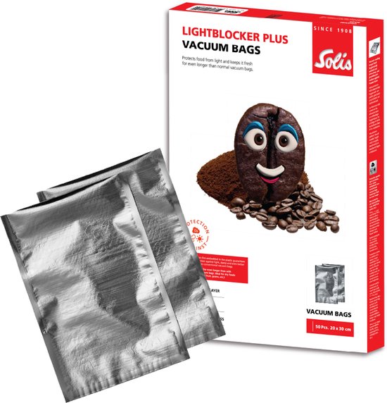 Solis LightBlocker Plus Vacuum Bags Food 20 x 30 cm - Convient pour le congélateur, le micro-ondes et la cuisson sous vide - Protège contre la lumière, l'air et la vapeur - Sans BPA - Sacs sous vide - Sacs de conservation sous vide - 50 pièces