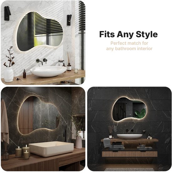 Miroir de salle de bains Mirlux avec éclairage LED et chauffage – Miroir mural asymétrique – Miroir de douche anti-buée – Sans cadre – 100 x 70 cm
