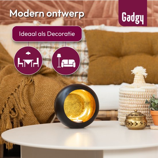 Gadgy Porte-lampions rond - Porte-lampions - Décoration de Noël Salon - Lumière d'ambiance à l'intérieur - Porte-bougies pour bougies 17x17 cm - Lampe à vent en métal - Noir/Or - Cadeau pour femme