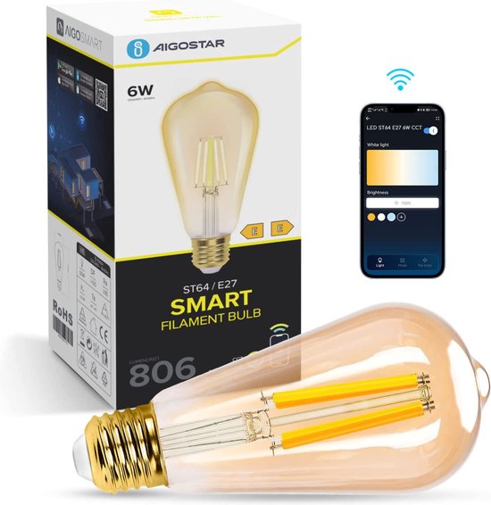 Aigostar 10YIE - ST64 - Éclairage intelligent - Ampoule E27 - Ø 6,4 cm - Contrôle via application - Intensité réglable - Ampoule intelligente - 6 W