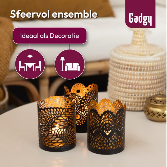 Gadgy Porte-lampions rond - Lot de 3 Porte-lampions Décoration Salon - Lumière d'ambiance à l'intérieur - Porte-bougies pour bougies 8.5x10.5 cm - Lampe à vent en métal - Noir/Or - Cadeau pour Femme - Motif Dentelle