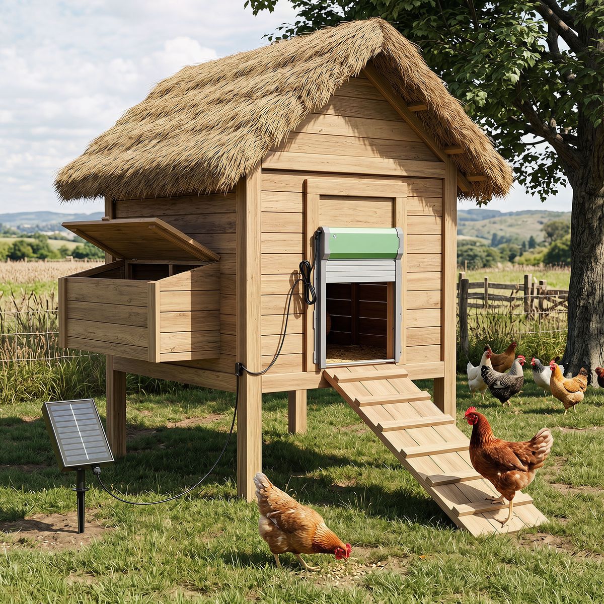 Trappe automatique pour poules Coast - énergie solaire - 4 modes de fonctionnement - vert et argent