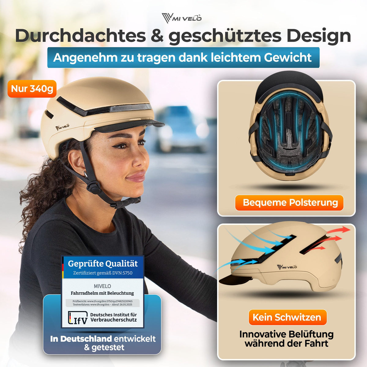 Casque de vélo Mivelo Nova avec feux avant et arrière - Taille L 57,5–61 cm - Beige