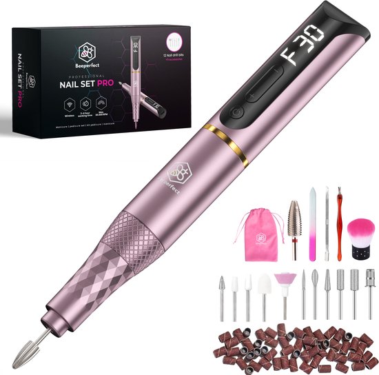 Beeperfect® Lime à ongles électrique sans fil édition Pro - Moulin à ongles - Ensemble manucure et pédicure - Rechargeable - 11 embouts et 60 rouleaux de ponçage - 30 000 tr/min - Rose