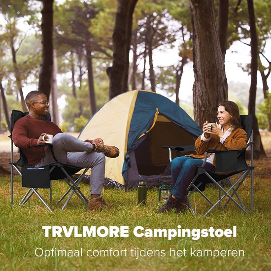 TRVLMORE Chaises de camping - Pliables - 2 pièces - XL - Chaises pliantes - Capacité de charge de 150 kg - Porte-boisson - Compartiment réfrigérant - Poche latérale - Chaise pliante - Noir