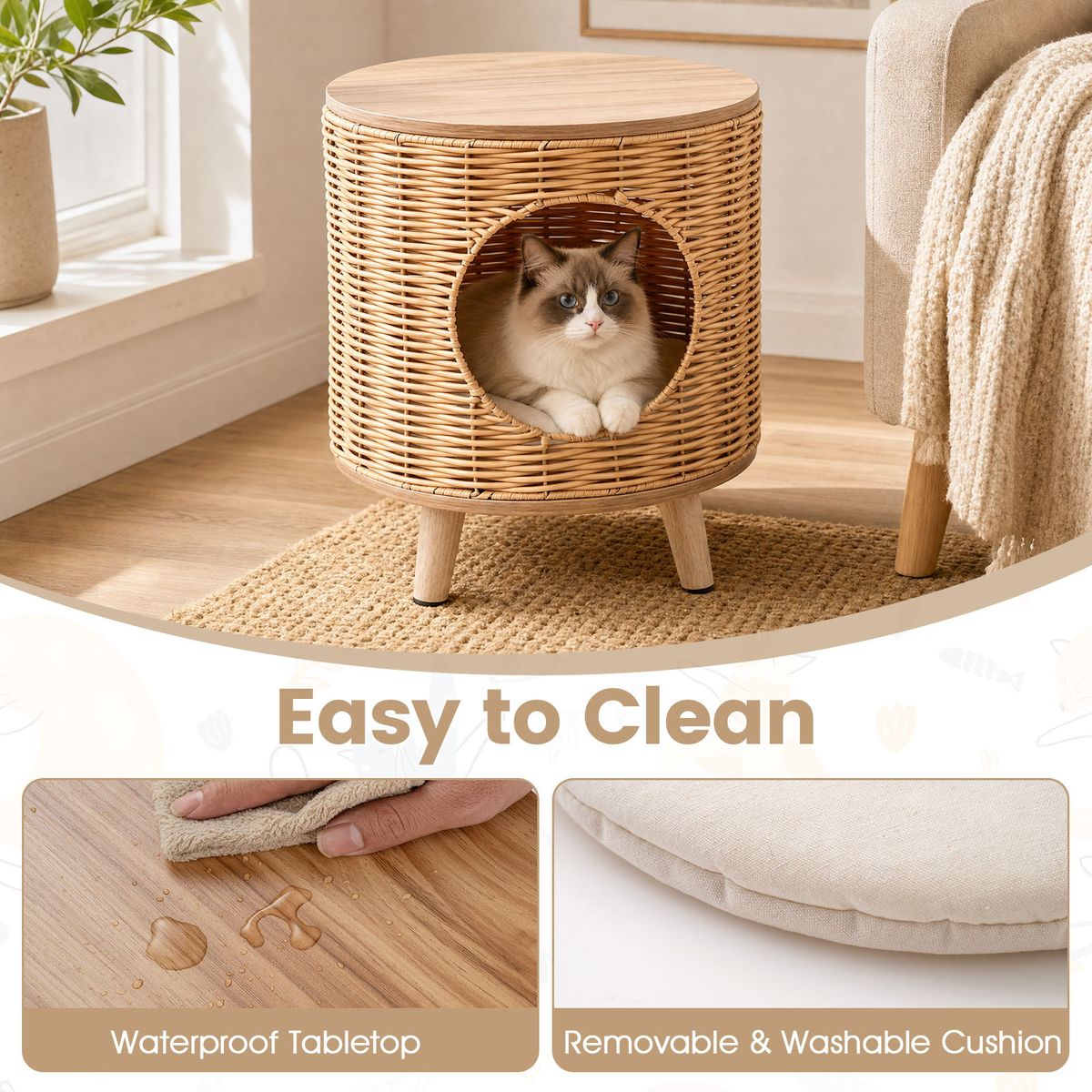 Coast Maison pour chat avec structure en rotin - coussin amovible - sur pieds - couleur naturelle - 36 x 41 cm