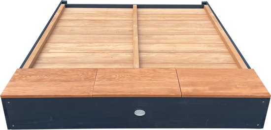 Bac à sable AXI Mandy XL 130 x 120 cm avec espace de rangement et couvercle, couleur anthracite/marron – Avec banc et tableau à craie – Toile de protection incluse – Garantie de 10 ans !