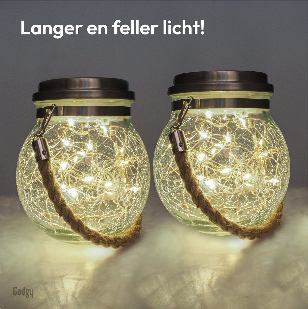 Gadgy Solar Lantaarn Craquelé Glas met 20 fairy lights - Tafellamp Set van 2 - Solar tuinverlichting op zonneenergie - Led buitenverlichting met dag/nacht sensor - Hanglamp - Tuinlantaarn - 13.5 x Ø12CM