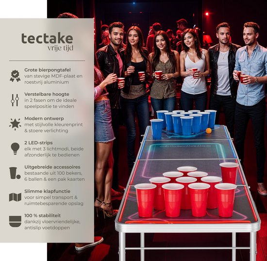 tectake® Table de Beer Pong - Avec décorations de fête - Eclairage LED - Table de Beer Pong réglable en hauteur et pliable - Jeu de boisson avec accessoires - 100x gobelets en plastique, 6x balles de ping pong, Jeu de cartes avec cartes