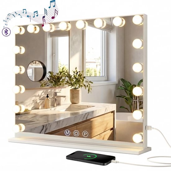 Miroir Bayt Hollywood - Miroir de maquillage - Miroir - Miroir Hollywood 80 x 60 - Intensité réglable - Grossissement 10x - Avec éclairage et Bluetooth - Port USB - 80 x 60 - Blanc