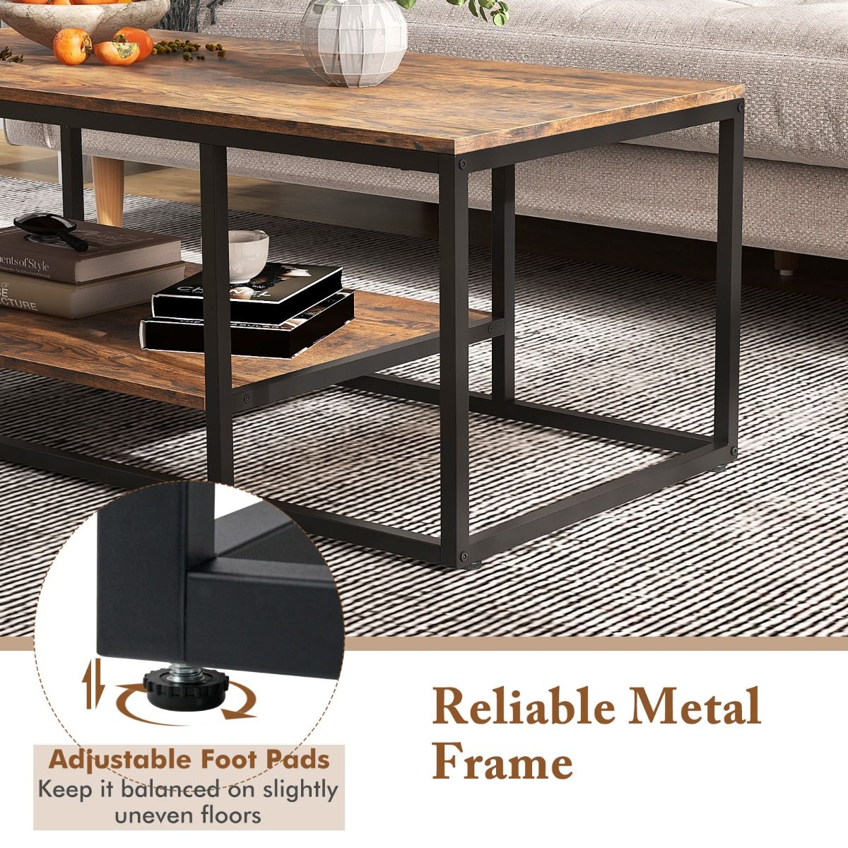Table basse Coast - rectangulaire - 2 niveaux de rangement - marron rustique et noir - 105 x 50 x 42,5 cm
