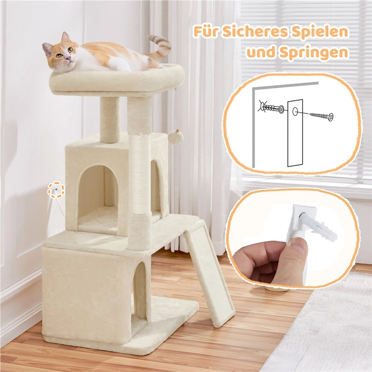 Yaheetech Cat Post With 2 Cat Houses - Fitted With Sisal Scratching Post And Scratching Board And Viewing Platform - For Small And Medium Cats - Beige Plush And Particleboard - 60 x 45 x 106 cm