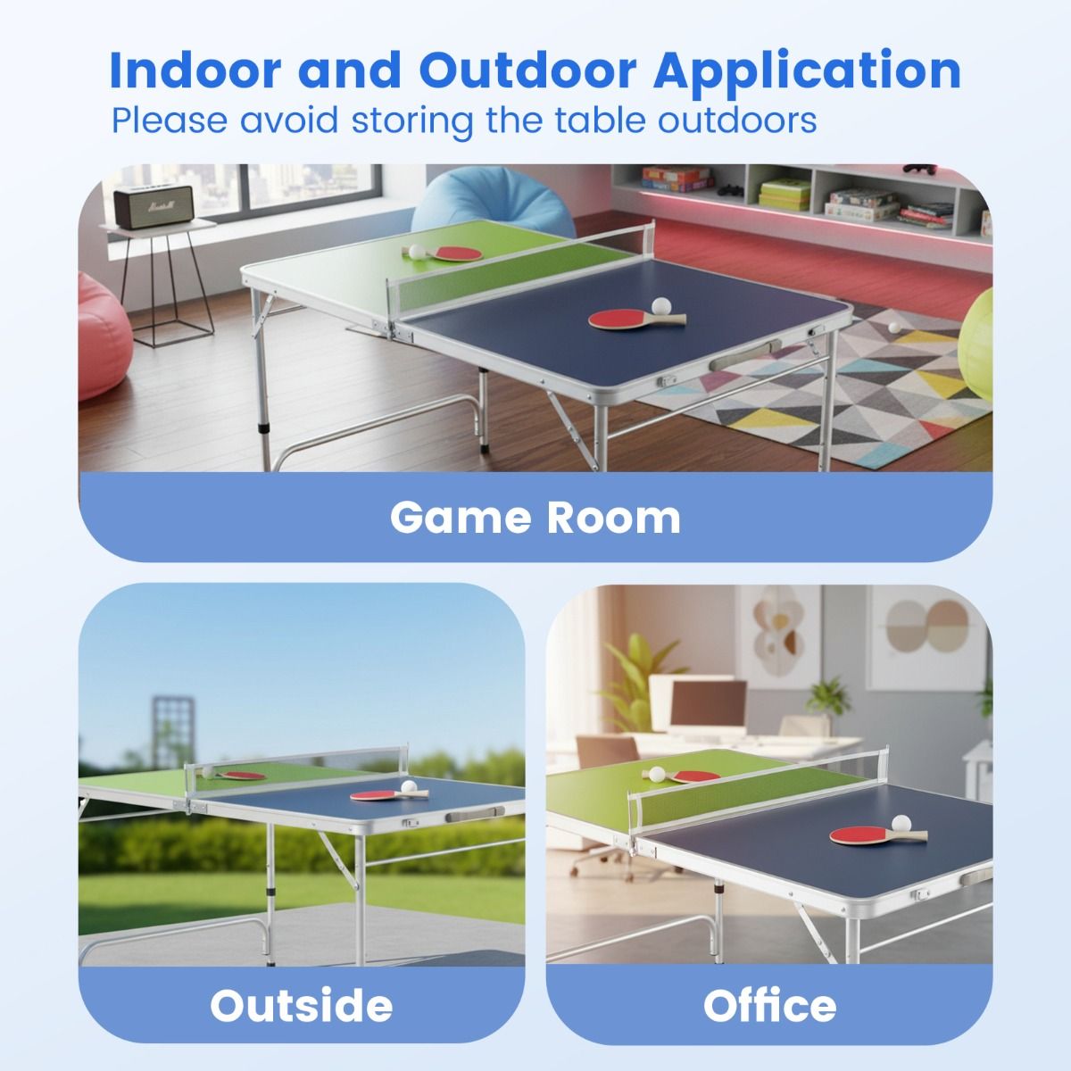 Table de ping-pong Coast Mini - Pliable - Hauteur réglable - 120 x 76 cm - Vert, bleu, argent