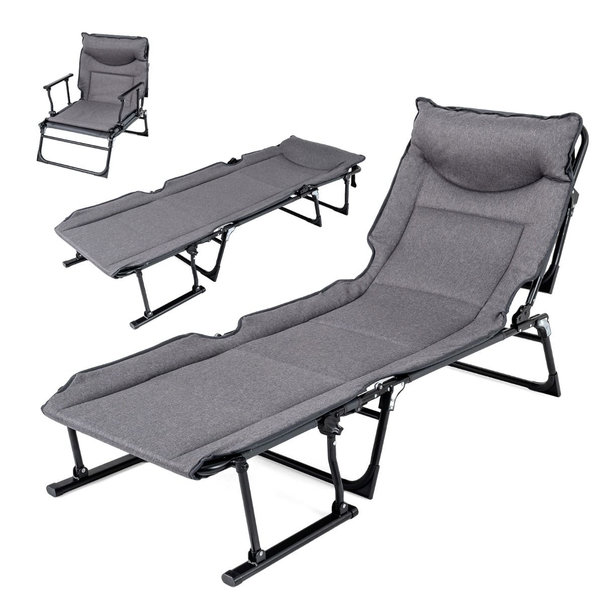 Lit de camping pliable Coast 3-en-1 – Chaise longue réglable – Avec appui-tête – Gris et noir