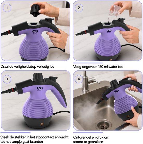 Nettoyeur vapeur Infinity Goods - Nettoyeur vapeur à main 12-en-1 - Nettoyeur vapeur portable - Détachant - Nettoyeur de tapis - 10 embouts - 1 050 watts - 3,2 bars - Violet