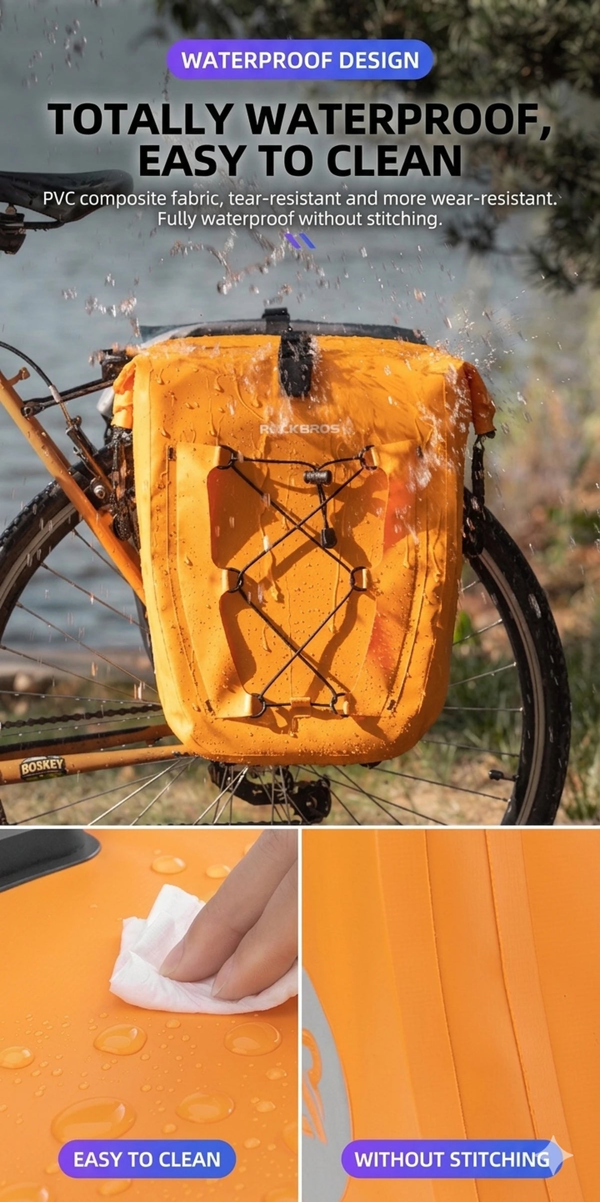 Sac de vélo étanche ROCKBROS pour porte-bagages - 25–32 L - Noir - Extensible - Pour vélo électrique et VTT