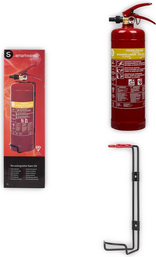 Smartwares 10.014.97 Extincteur - 2 litres - Mousse - Avec support de suspension - Classe de feu AB - Certifié BSI