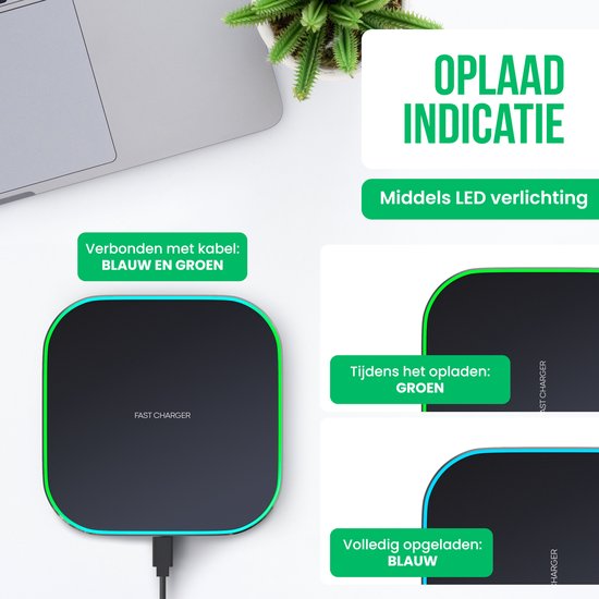 Strex Wireless Charger 15W - Câble inclus - QI Fast Charger - Chargeur sans fil - Chargeur rapide - Indication LED