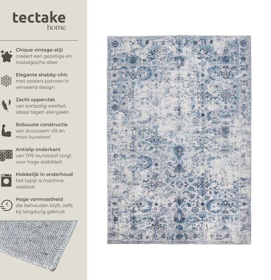 tectake® Tapis au design vintage - Tapis à poils ras - Tapis Boho - Pour le salon, la chambre à coucher, la chambre d'enfant ou d'adolescent - Lavable - 160cm x 230cm - bleu