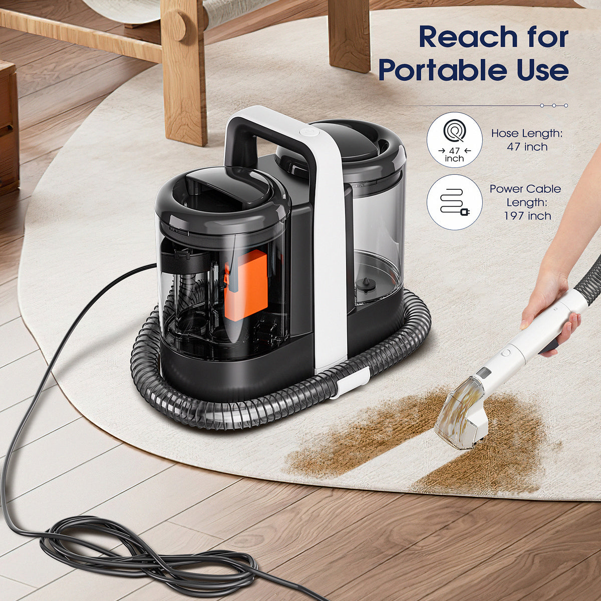 Aspirateur à main Omeser W07 pour moquette, 600 W, 15 kPa, avec fil, nettoyage humide pour canapés, animaux de compagnie et voiture