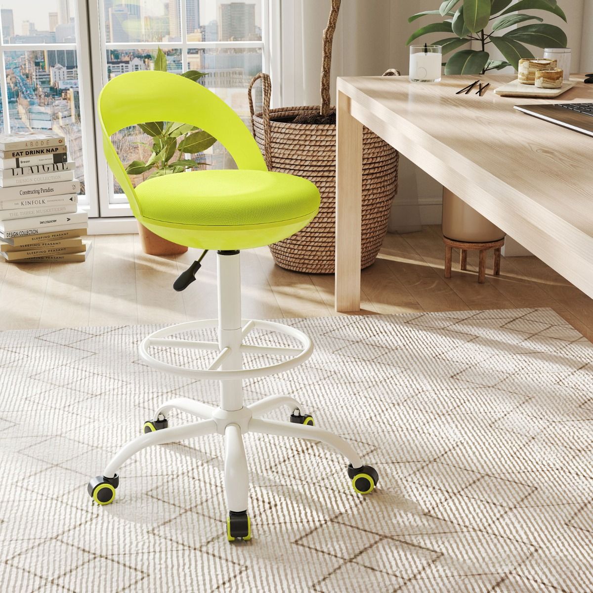 Chaise de travail réglable Coast avec roulettes - Tabouret pivotant ergonomique - Assise en similicuir - Vert