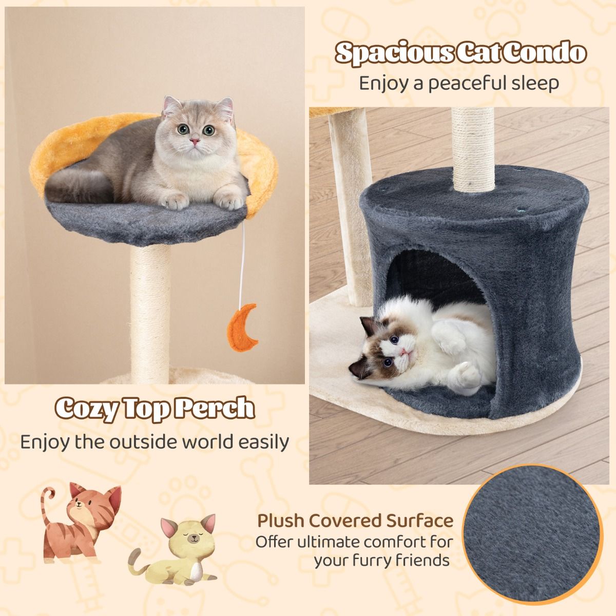 Arbre à chat Coast - 128 cm - Plusieurs étages - Poteaux à griffer en sisal - Beige et gris