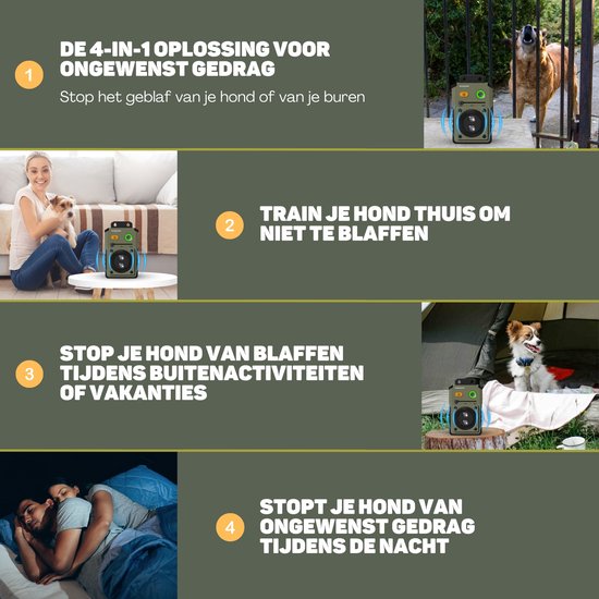 Vulpes Goods® Pets - Dispositif anti-aboiement à ultrasons PRO - Dresseur de luxe - Rechargeable - Fonctionnement automatique - Pas de choc - Résistant à l'eau - Pour tous les chiens - Intérieur et extérieur - Portée de 15 m - 3 étapes - Anti-aboiement -