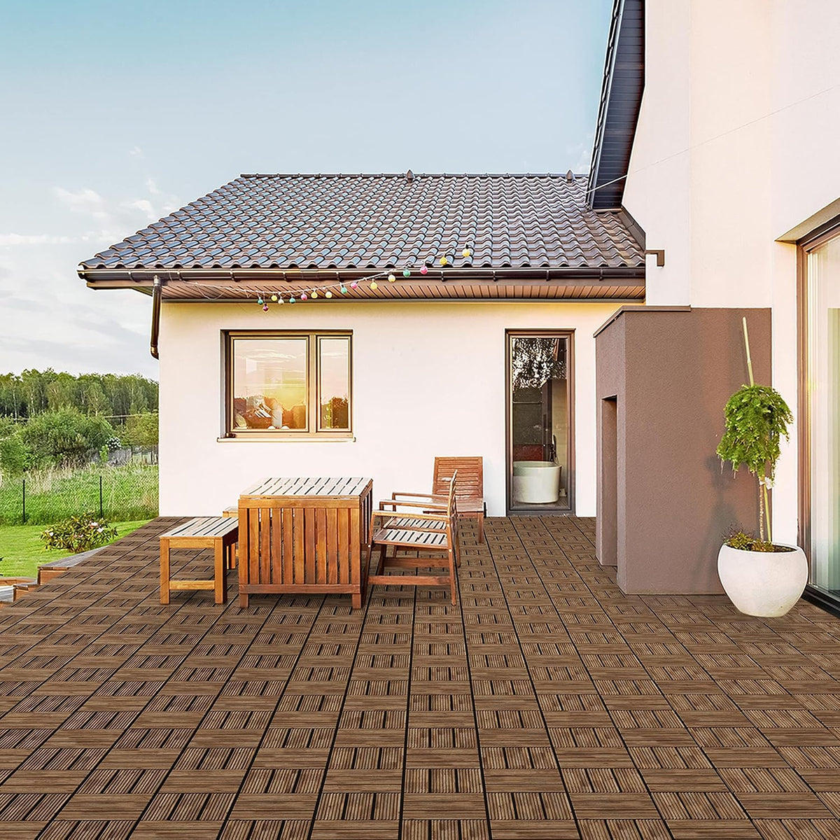 Yaheetech : dalles de terrasse en bois de sapin 30,8 × 30,8 cm – 27 pièces, marron