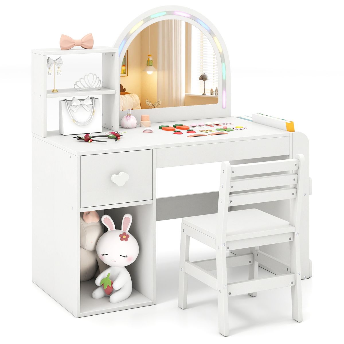 Coast : coiffeuse pour enfant avec chaise - miroir éclairé - espace de rangement - rose et blanc