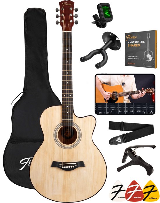 Guitare acoustique Finesse - avec cours vidéo - 4/4 40" - Guitare western - Guitare pour enfants et adultes - Naturel