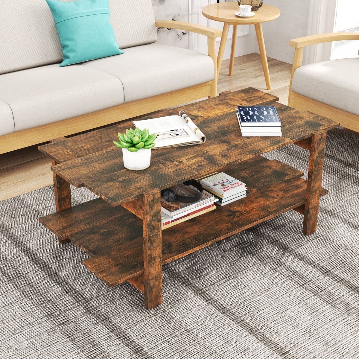 Table basse Coast - 2 niveaux - avec étagère de rangement - noyer/noir - 115 x 59 x 46 cm