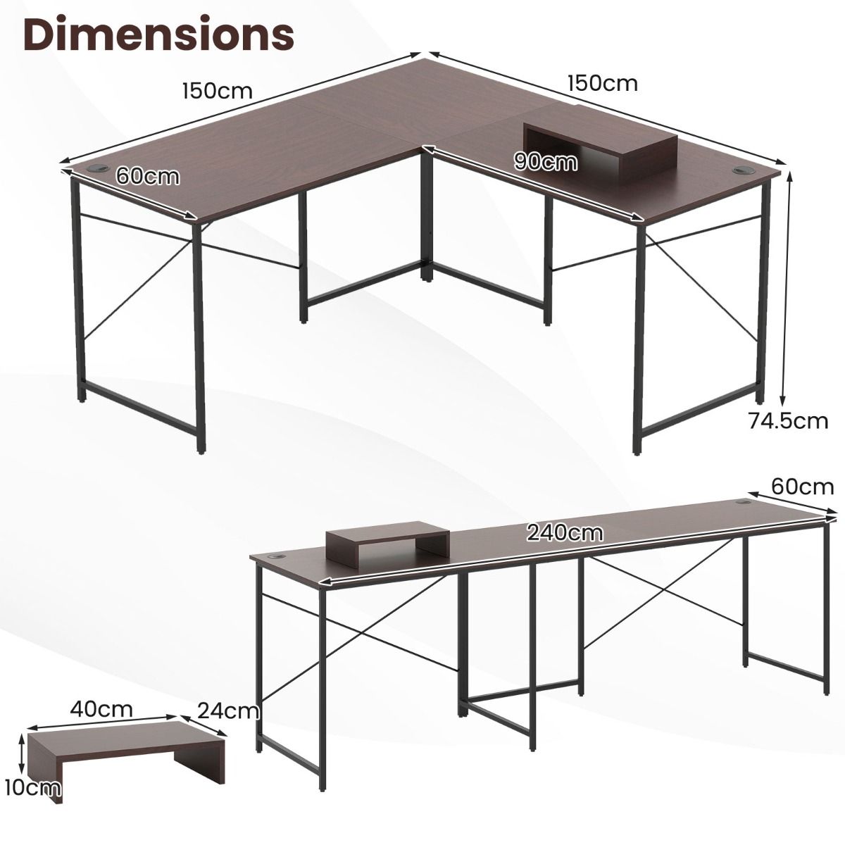 Bureau d'angle Coast en L, réversible - prise intégrée - support d'unité centrale amovible - marron foncé